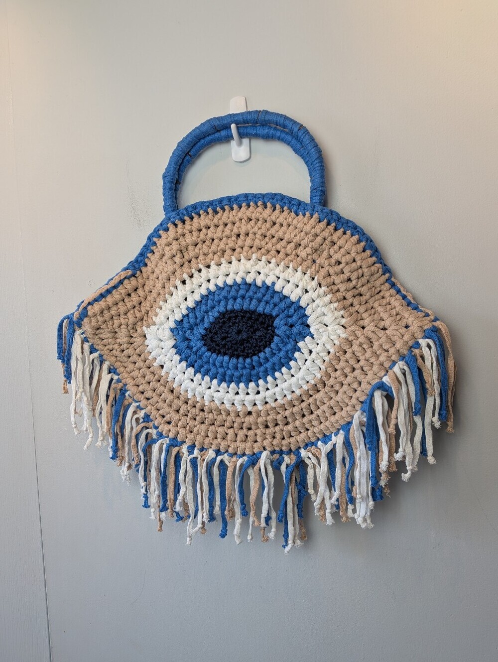 Handmade Crochet Shoulder Or Hand Bag Blue Beige Perfect For Summer Eye Shape